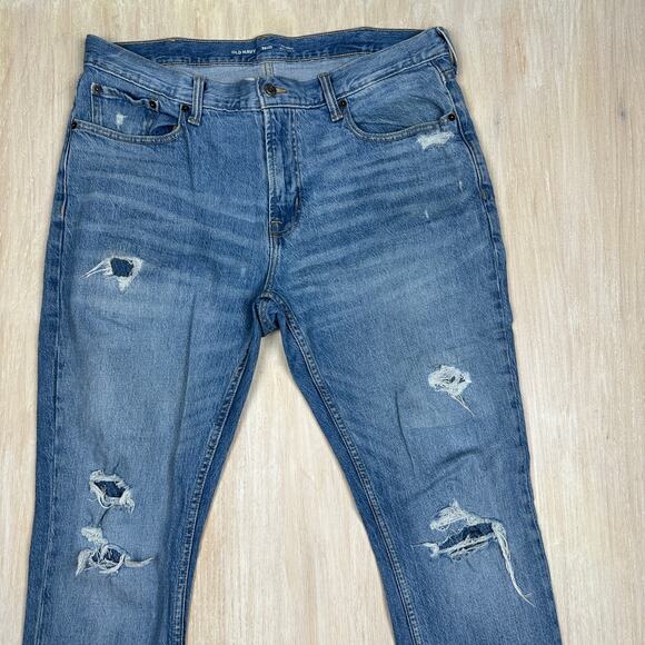 Old Navy Skinny Built In Flex Distressed Patch Medium Denim Jeans Men's 38X32 - Picture 2 of 14